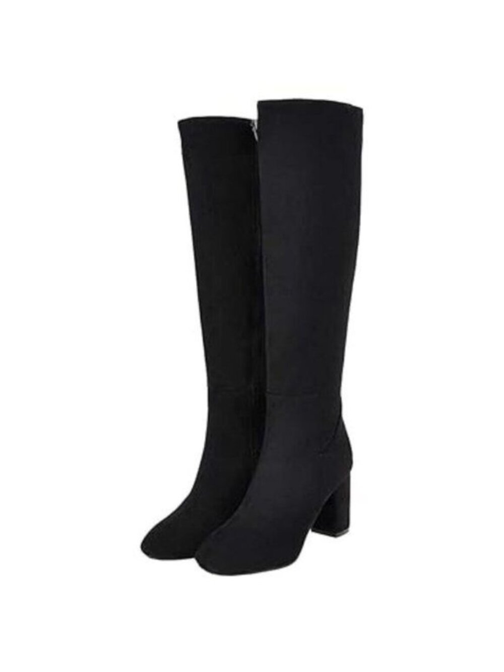 Black Womens Faux Suede Zip Chunky Heel Knee High Heeled Boots